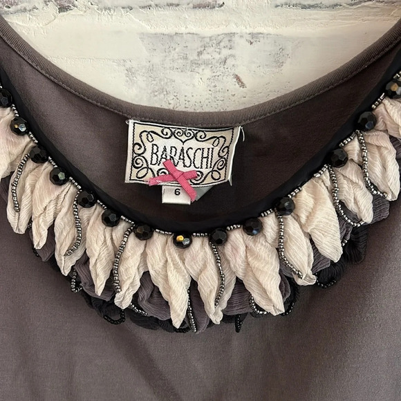 Anthropologie Yoana Baraschi Fit & Flare dress Gray Cream Beaded Ruffle - Picture 5 of 11